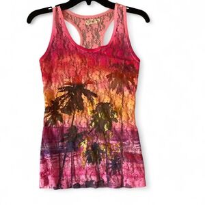 Op Women's Pink‎ XS Lace Racerback Tank Top Palm Tree Print